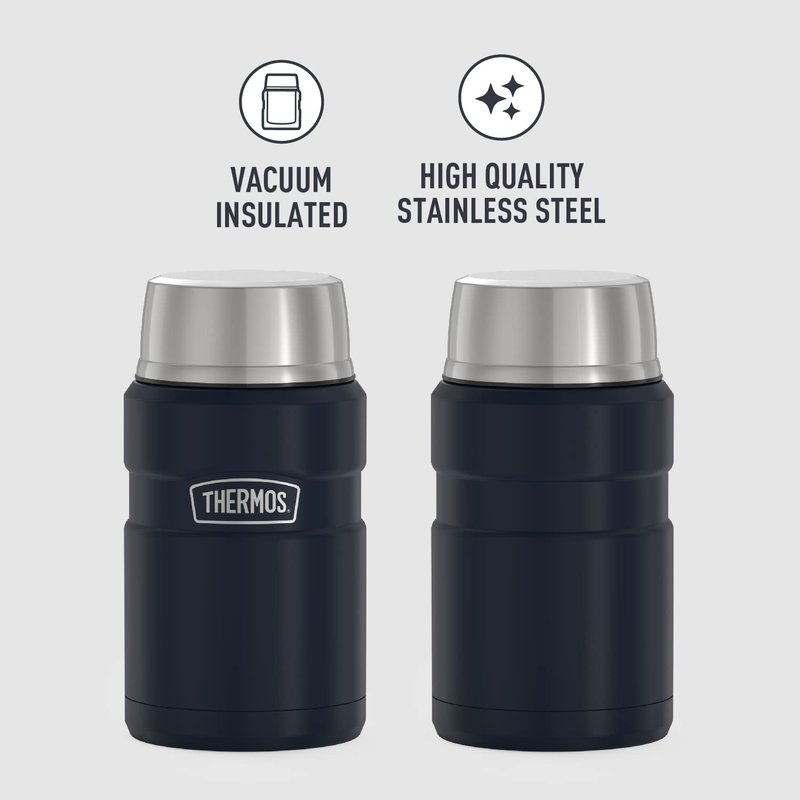 THERMOS Stainless King Vacuum-Insulated Beverage Bottle, 40 Ounce, Matte Steel & Stainless King Vacuum-Insulated Food Jar, 24 Ounce, Midnight Blue