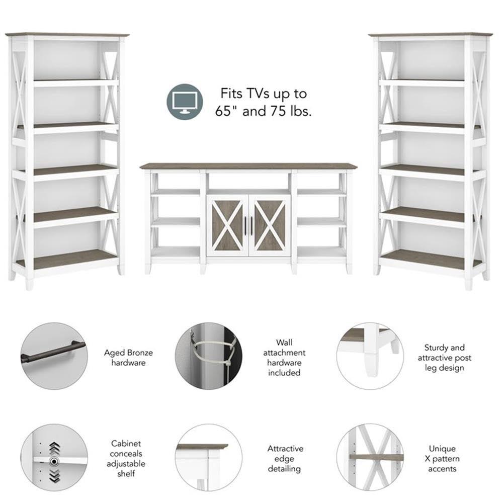 Bush Furniture Key West Tall TV Stand with Set of 2 Bookcases, Farmhouse Entertainment Center for 65 Inch Television, 17D x 60W x 66H, Pure White and Shiplap Gray