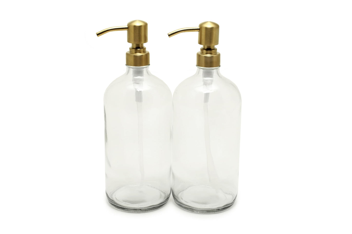 Vivaplex, 2, Large, 32 oz, Empty, Clear Glass Bottles with Stainless Steel, Yellow Gold, Lotion Pumps