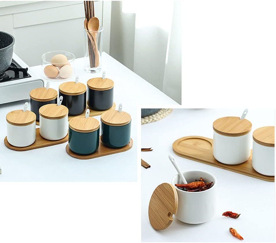 Simple Pure Color Ceramic Spice Jar, Seasoning Box with Bamboo Lid and Spoon
