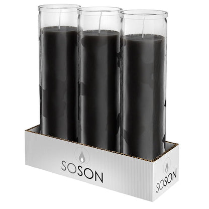 Simply Soson 2x8 inch 7 Day Black Pillar Candles in Glass Set of 3, 90 Hour Burn time, Unscented Prayer Candle, Religious Candle, Candles for Memorials, Emergency Vigil Candles