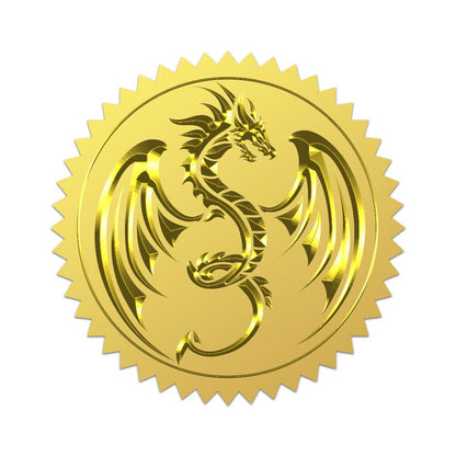 WADORN 100Pcs 2'' Dragon Embossed Gold Foil Seals, Self Adhensive Animal Round Gold Seals Sticker Labels Vintage Dragon Sticker for Envelopes Invitation Card Diplomas Awards Graduation