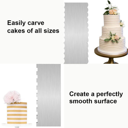 2 Pc 9 Inches Stainless Steel Cake Scraper Cake Decorating Tools Edge Side Jagged Wave Double Sided Patterned Comb Metal Cake Carving Smoothing Cream Pastry Baking(9 x 3.5 Inches)