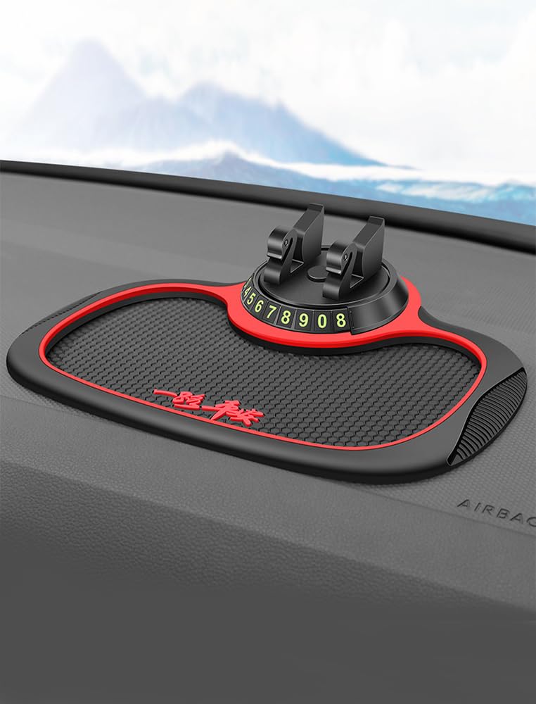 Multi-Functional Car Dashboard Mat with 360° Rotating Phone Holder | Anti-Slip Silicone Pad | Universal Swan Bracket for All Devices,Red.