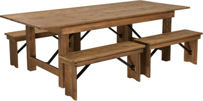 Flash Furniture HERCULES Series 8' x 40'' Antique Rustic Folding Farm Table and Four 40.25"L Bench Set