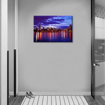 Chicago Cityscape at Night Wall Art Painting on Canvas, Modern Urban Building Panorama for Living Room