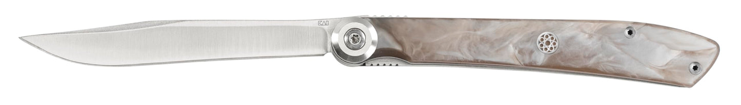 Kai Folding Personal Steak Knife, 3.25” Handcrafted Japanese Knife, 420J2 Stainless Steel Blade, Pearlized Champagne Handle