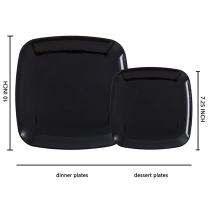 PULOTE 100 PCS Black Square Plastic Plates Disposable - Include 50 Each (10" Dinner & 7.25" Dessert) Plates - Ideal for Party & Graduation