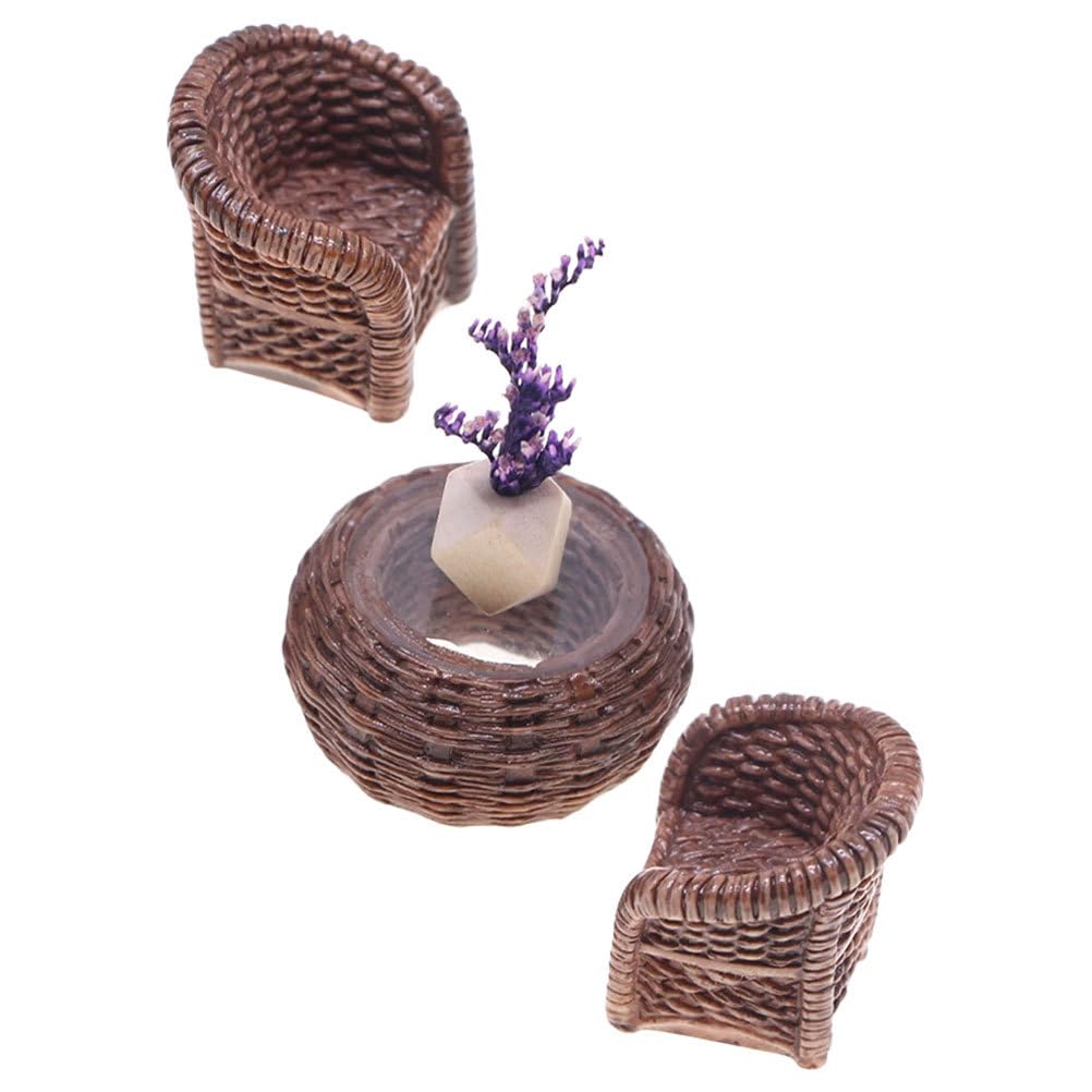 DOITOOL Miniature Table and Chairs Set: 1:12 Scale Miniature Dollhouse Accessories Mini Rattan Table and Chairs Dollhouse Furniture for Fairy Garden Micro Landscape Decoration