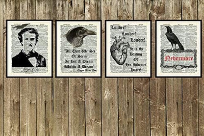 Set of 4 Edgar Allan Poe Art Print Posters - Raven and Tell Tale Heart on Ephemera Dictionary Page (8 x 10")