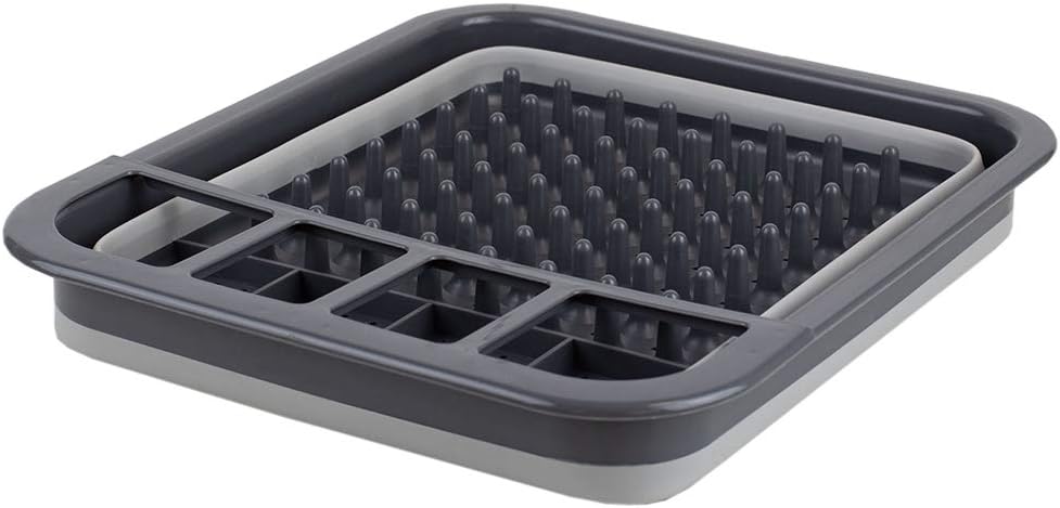 Home Basics Grey Silicone and Plastic Easy Storage Collapsible Dish Rack with Cutlery Holder