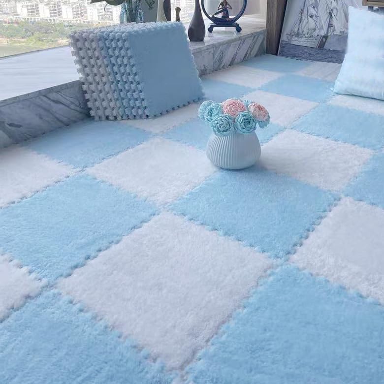 lmjclzyee 12 pcs Shaggy Soft EVA Foam Interlocking Carpet Fluffy Rugs Protective Floor Tiles Sport Play mats for Home