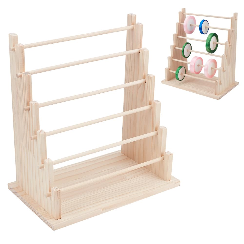 UNICRAFTALE 6-Tier Wooden Ribbons Organizer Rack Burlywood Ribbon Holder Storage Organizer Wooden Ribbons Sewing Organizer Display Shelf for Sewing Craft Gift Florist Wrapping