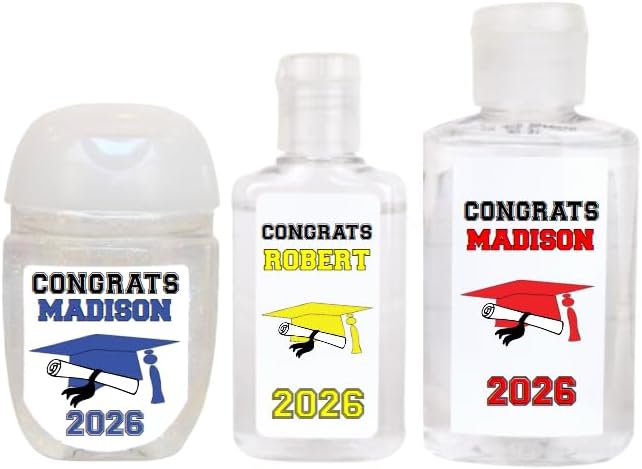 GRD107, 30 Personalized Graduation Party Favor Hand Sanitizer Labels, Graduation Party Favors, Many Colors to Choose