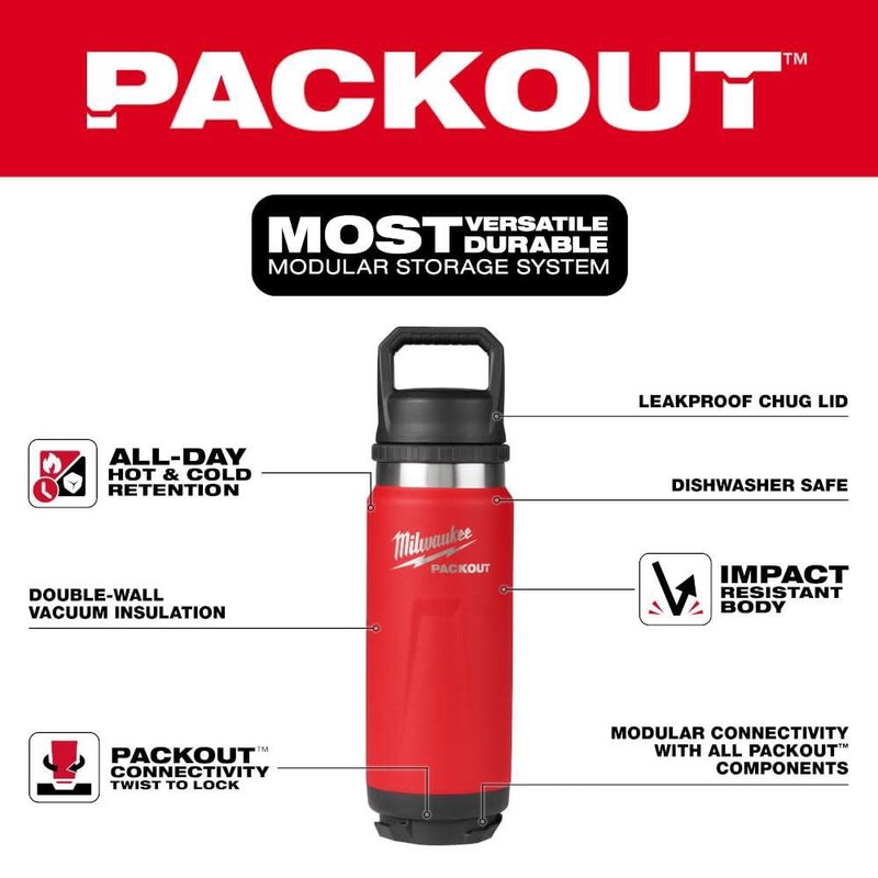 Milwaukee Packout Thermal Bottle 709 Ml (Red) - 48-22-8396R