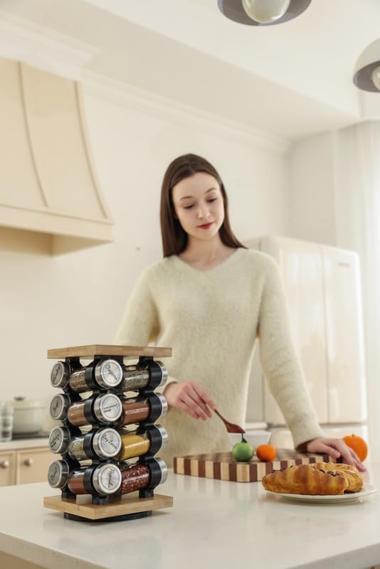 16 5-Year Countertop Orii Jar Rotating Bamboo Spice Rack with Spices Included & Spice Refill Program Compact Spice Rack