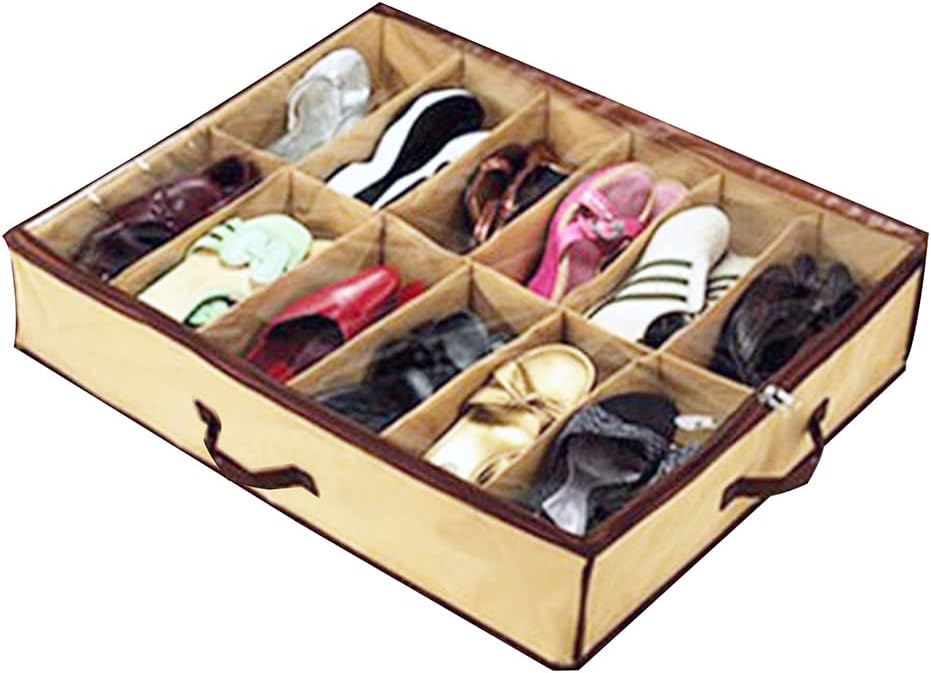 Household Shoe Bag for Ladies/Kids, 12 Cells Underbed Foldable Closet Organizer (Beige)