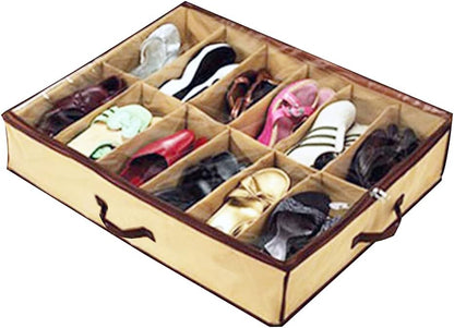 Household Shoe Bag for Ladies/Kids, 12 Cells Underbed Foldable Closet Organizer (Beige)