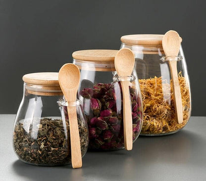 Glass Food Storage Jar, Sugar Bowl Tea Jar with Airtight Lid and Spoon