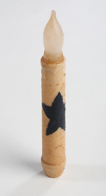Set of 2 Primitive LED Taper Candles with Black Star, Battery Operated, Wax-Dipped
