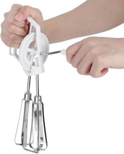 Egg Whisk, Manual Stainless Steel Hand Mixer with Double Wheel Design and Rotation Handle, White