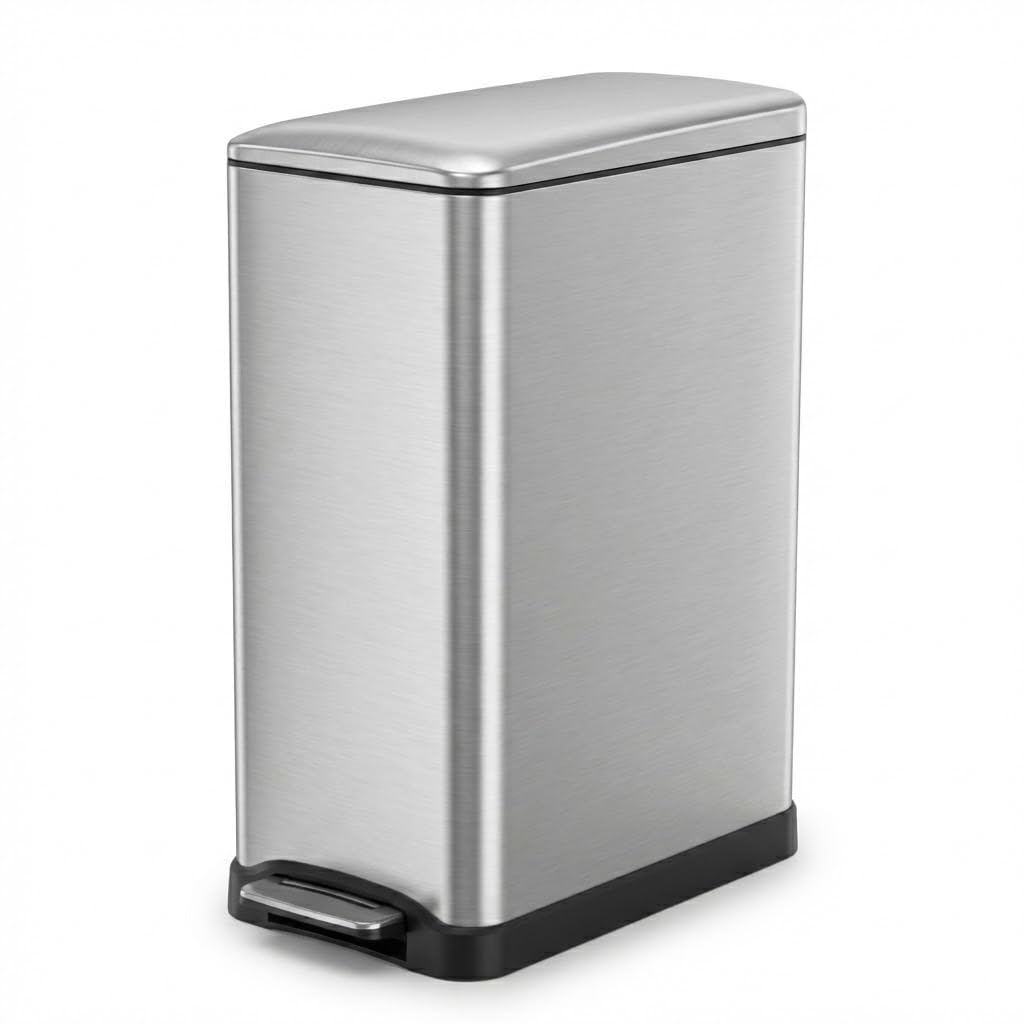Home Zone Living 13 Gallon Slim Kitchen Trash Can with Dual Compartments for Trash and Recycling, Soft Close Lid, Step Pedal, Stainless Steel, Silver