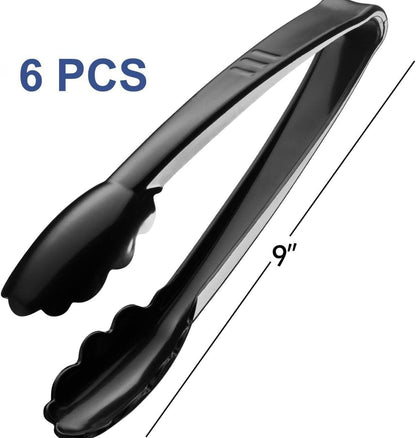 Plastic Tongs for Serving, Pack of 6, 9 Inch Heavy-Duty Reusable or Disposable Tongs for Catering and Events
