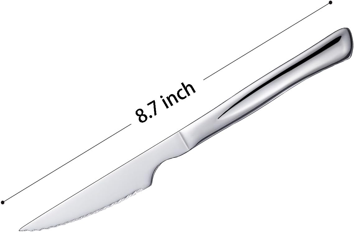 Silver Steak Knife Set, 6 Piece Stainless Steel Kitchen Utility Knives, 8.7-inch Serrated Dinner Knives