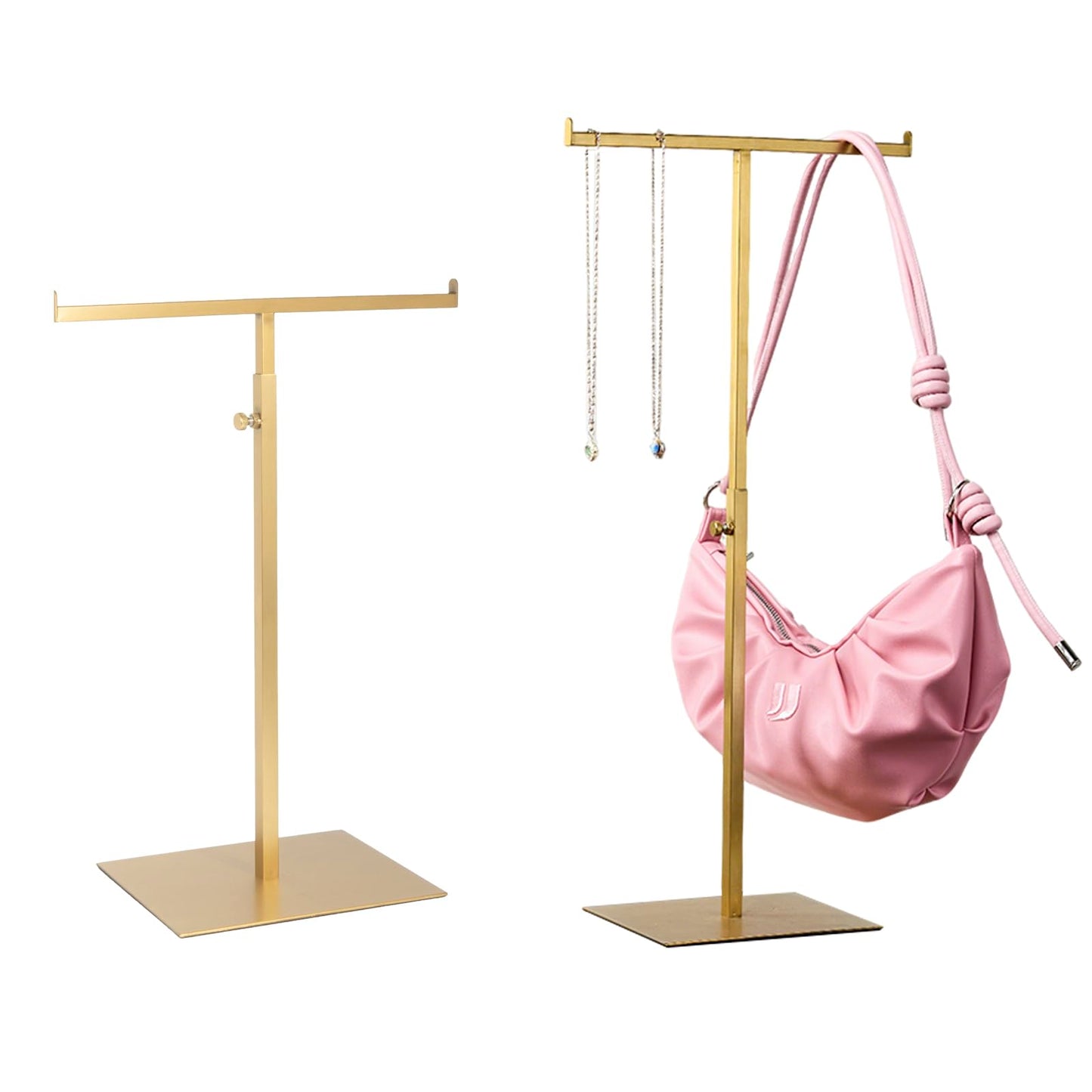 Purse Display Stand Jewelry Towers 2 Packs Stainless Steel Bag Stand Tabletop Adjustable Height Double Hook Hanging Jewelry Stands for Necklaces Organizer Home Store Boutique (Anti-fingerprint)