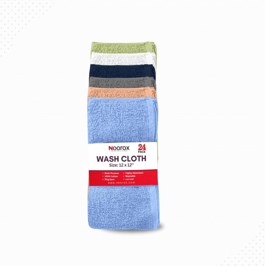 12x12 Inch Pack 24 Washcloths of Soft, Absorbent, Quick-Dry Cotton Towels for Bath, Gym, Hotel & Salon