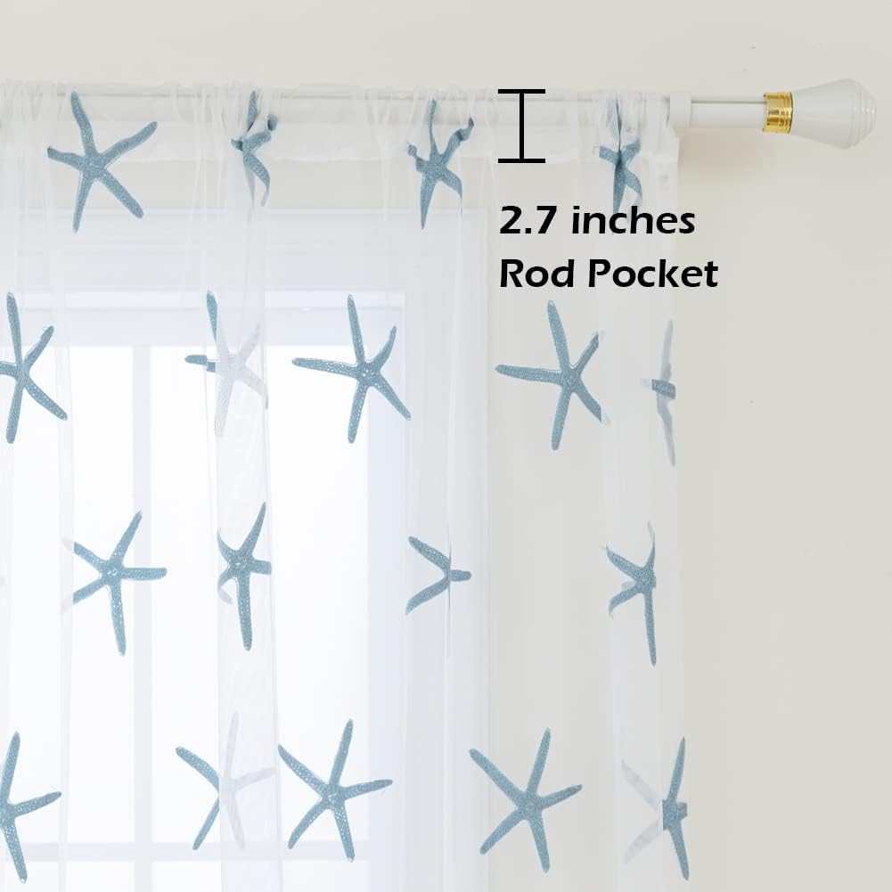 Embroidered Teal Starfish Sheer Curtains, 84 Inch Long Rod Pocket Drapes for Living Room, 52 x 84 Inch 1 Panel