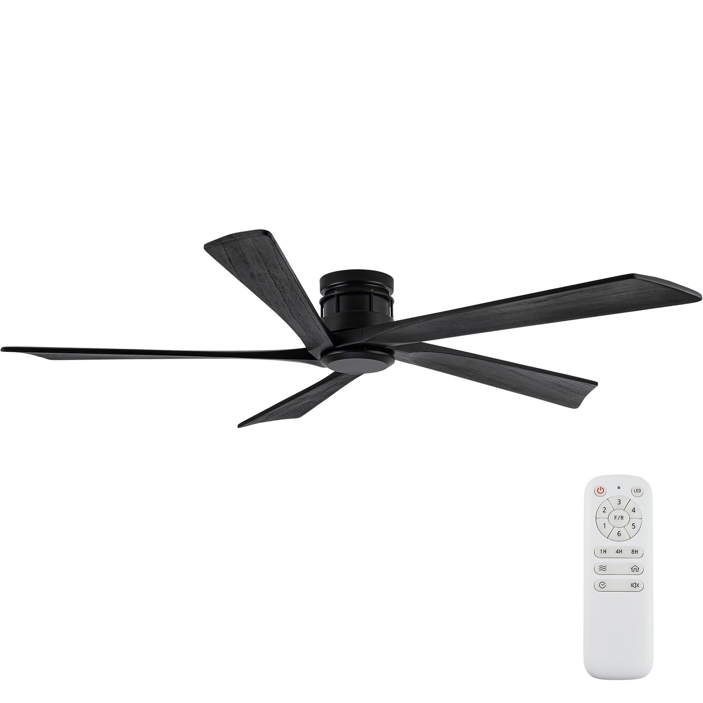 Vernal Life 64 Inch Modern Flush Mount Ceiling Fans no Light for Living Room, 5 Reversible Wood Blades, 6-Speeds, 110V Noiseless DC Motor (Black Finish with Black Blades)