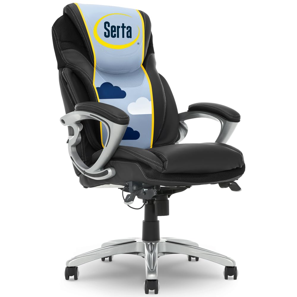 Serta Bryce Executive Office Chair, Ergonomic Computer Desk Chairs with Patented AIR Lumbar Support, Comfy Body Pillows, Height Adjustable, Swivel Base with Wheels, Bonded Leather, Black
