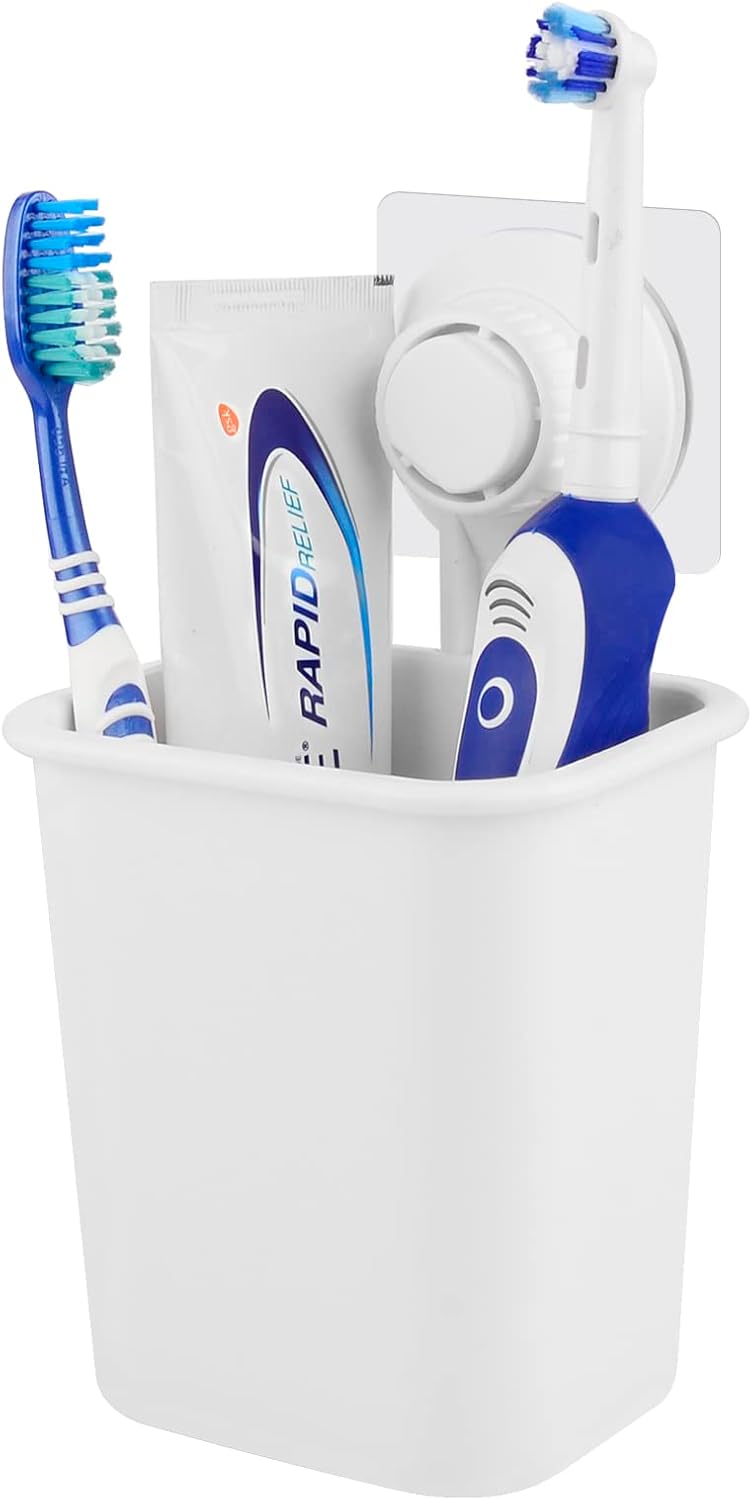 Linkidea Electric/Battery Toothbrush Holder (White) Self Adhesive for Bathroom, Wall Mount Razor/Toothpaste Organizer