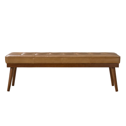 HULALA HOME 55.5" Genuine Leather Bench, Button-Tufted Entryway Bench with Solid Wood Legs, Upholstered End of Bed Bench for Bedroom, Camel