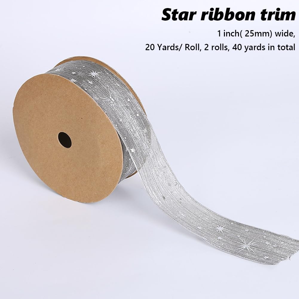 CABODYALS 40 Yards Grey Star Transparent Ribbons Sheer Wrapping Ribbon Silver Stars Stamping Organza Chiffon Silk Print Ribbon for Sewing Making Craft Gift Wrapping DIY Christmas Dress Decor Supplies