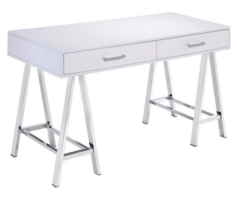 Acme Furniture Coleen Built-in USB Port Writing Desk in White High Gloss & Chrome Finish