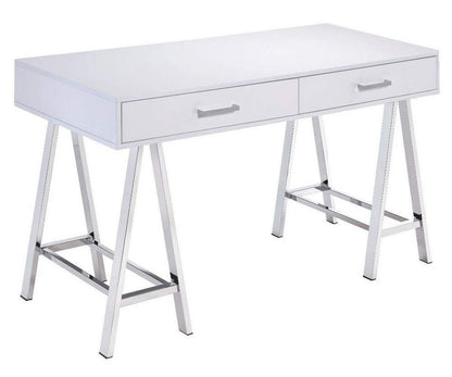 Acme Furniture Coleen Built-in USB Port Writing Desk in White High Gloss & Chrome Finish