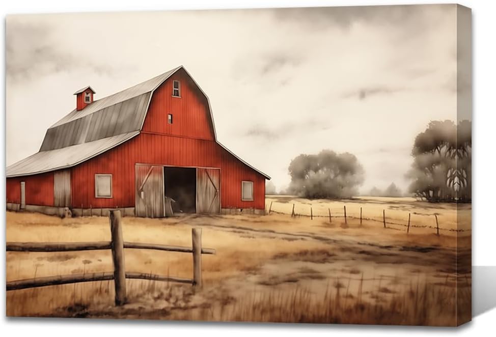 QIXIANG Old Barn Picture Wall Decor - Red Barn Canvas Print Rustic Scenery for Farmhouse Bathroom Decor