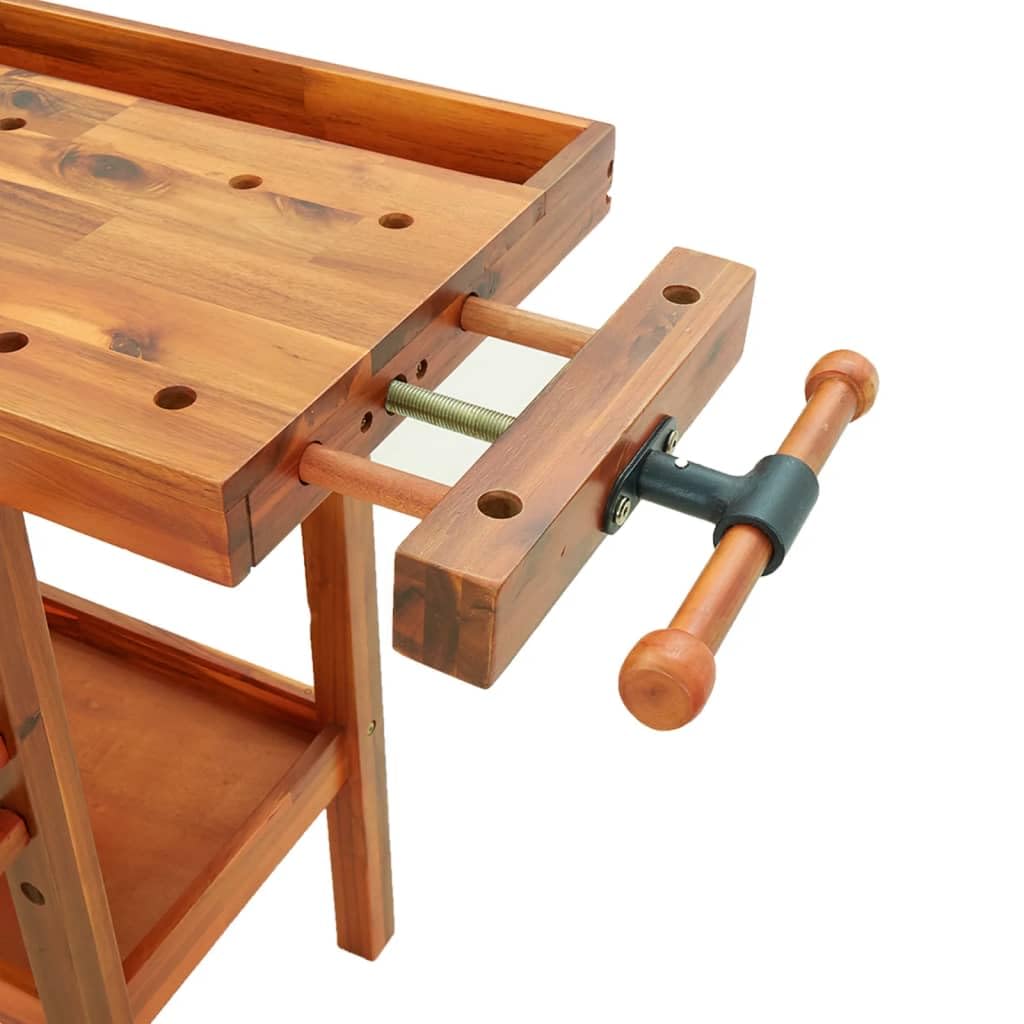 Sturdy Garage Workbench with 4 Drawers and Vices, Solid Acacia Wood Workbench 48.8x20.5x32.7 Inch for Workshop and Shed