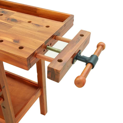Sturdy Garage Workbench with 4 Drawers and Vices, Solid Acacia Wood Workbench 48.8x20.5x32.7 Inch for Workshop and Shed