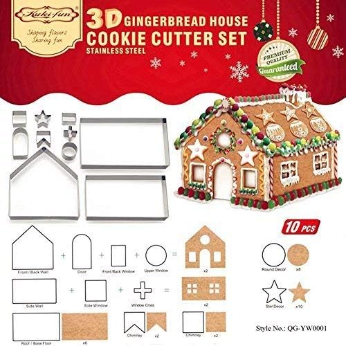 Gingerbread House Cookie Cutter Set - 10 PCS 3D Christmas House Kit with Gift Box Packaging