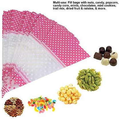FTVOGUE 50 Piece Clear Cone-Shaped Treat Bags with Twist Ties, Cellophane Candy Bags (Pink)