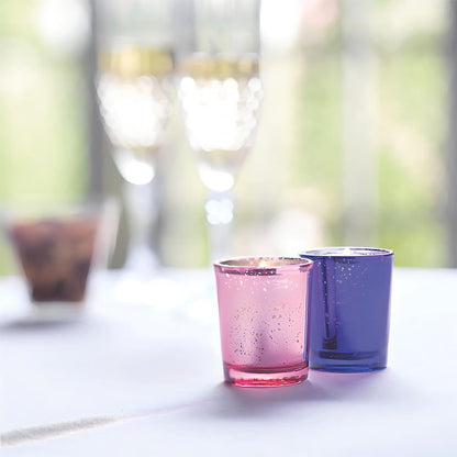 Fun Express Purple Mercury Glass Votive Holders - Elegant Shiny Glass Candles Holders for Home Decor Parties Weddings and Special Occasions - Perfect for Creating a Warm Ambiance - Set of 12 Pieces