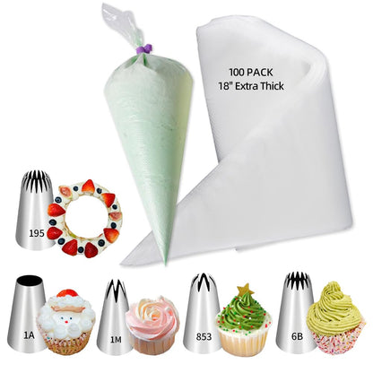 18 Inch Large Piping Bags and Tips Set,100PCS Extra large piping bags Disposable with 5 Piping Tips(Round Tip/Open Tip/Closed Star Tip/Drop Flower Tip/French Star Tip for Cupcakes,Cookie,Cake decor