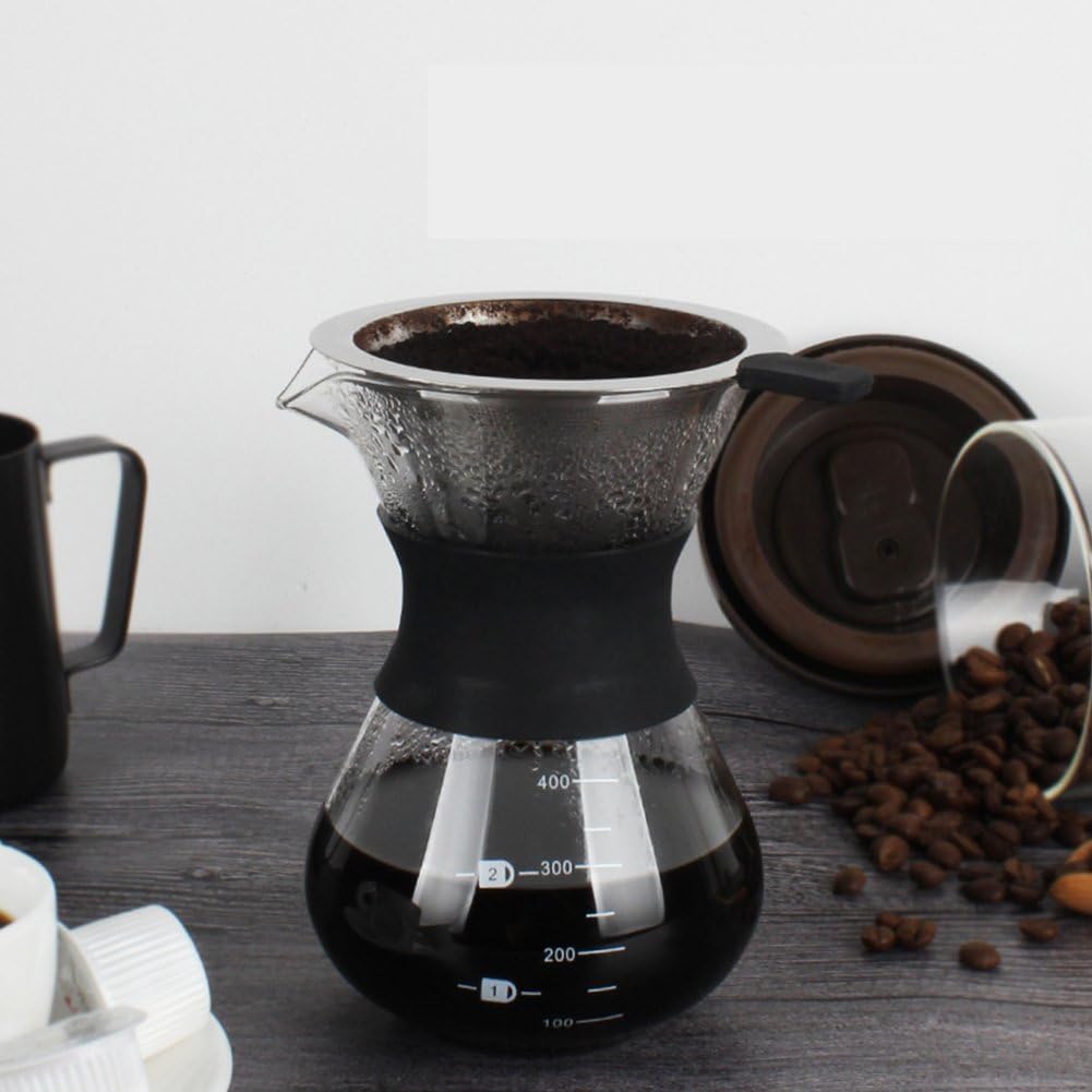 Pour Over Coffee Maker with Stainless Steel Filter, Reusable Glass Coffee Pot Manual Dripper, No Paper Filters
