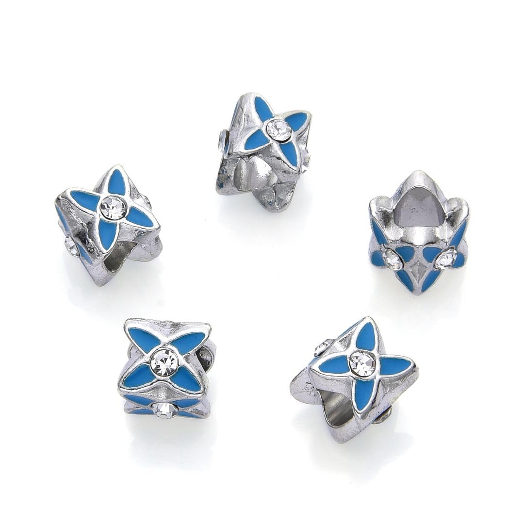 40pcs Sparkle Rhinestone Blue Enamel Flower Large Hole Loose Beads (4.5mm Hole) Antique Silver Metal Spacer for DIY Craft Jewelry Making MEC-E5