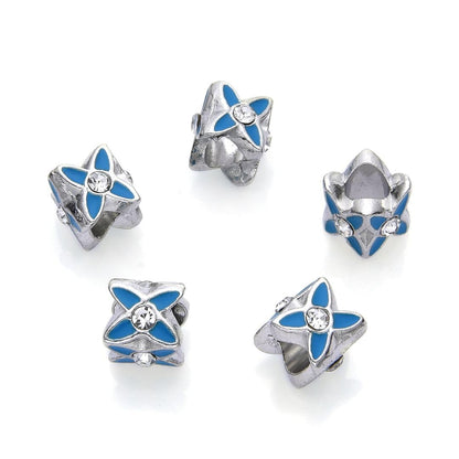 40pcs Sparkle Rhinestone Blue Enamel Flower Large Hole Loose Beads (4.5mm Hole) Antique Silver Metal Spacer for DIY Craft Jewelry Making MEC-E5