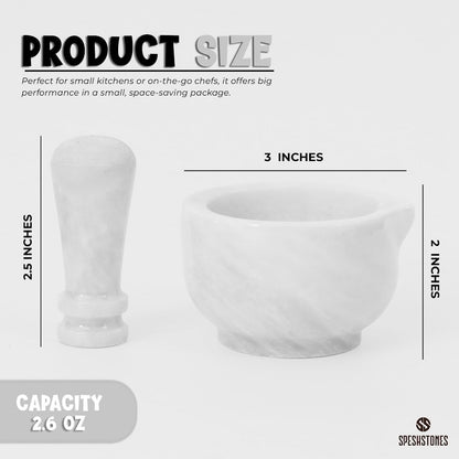 SPESHSTONES Marble Mortar and Pestle Set Handmade 3 Inch White Stone Pill Crusher Fine Powder - Spice Grinder Manual for Kitchen Decor, Herb Grinding Bowl & Small Garlic Crusher