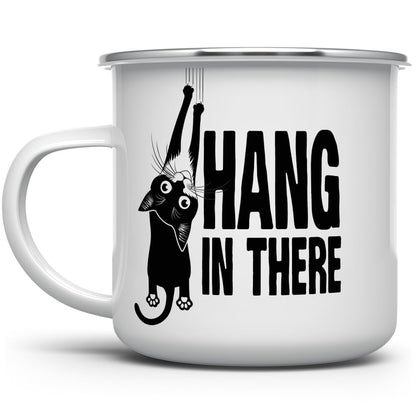 Hang in There Enamel Camping Coffee Mug - Funny Inspirational Motivational Cat Gift Cup for Friend, Coworker, Women,